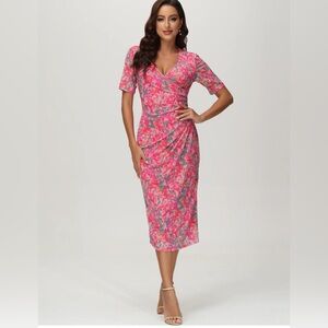 Womens Sz XL Midi Dress Foral Runched Dopamine Career Siren Barbiecore